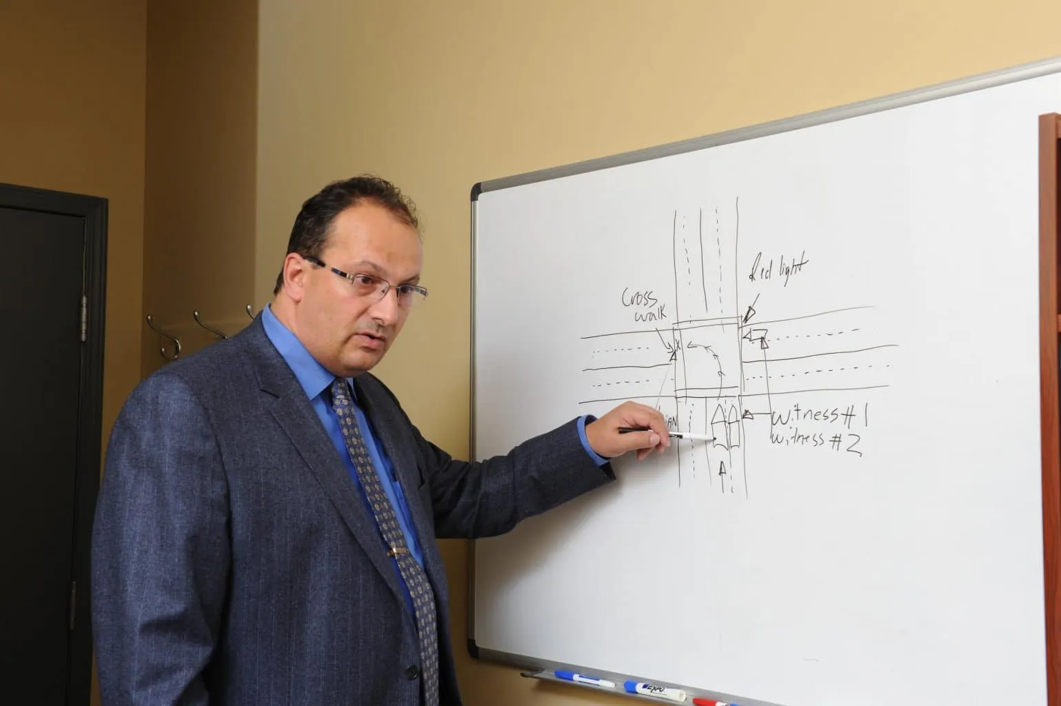 Edmonton injury lawyer Joseph A. Nagy, with drawing on whiteboard of car accident scene to explain grounds for insurance claim to client