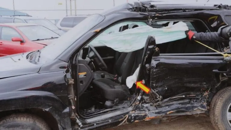 Damaged motor vehicle following a t-bone accident with arrow pointing to evidence examined by a member of Edmonton t-bone accident lawyer Joseph A. Nagy's team of personal injury experts to prove damages.