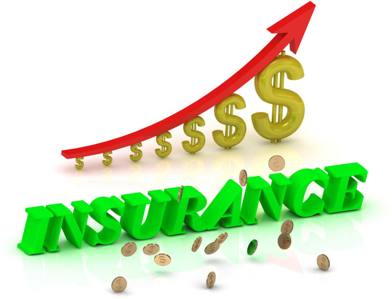 3D illustration of a rising bar graph made of dollar signs and a red arrow ascending over the word INSURANCE
