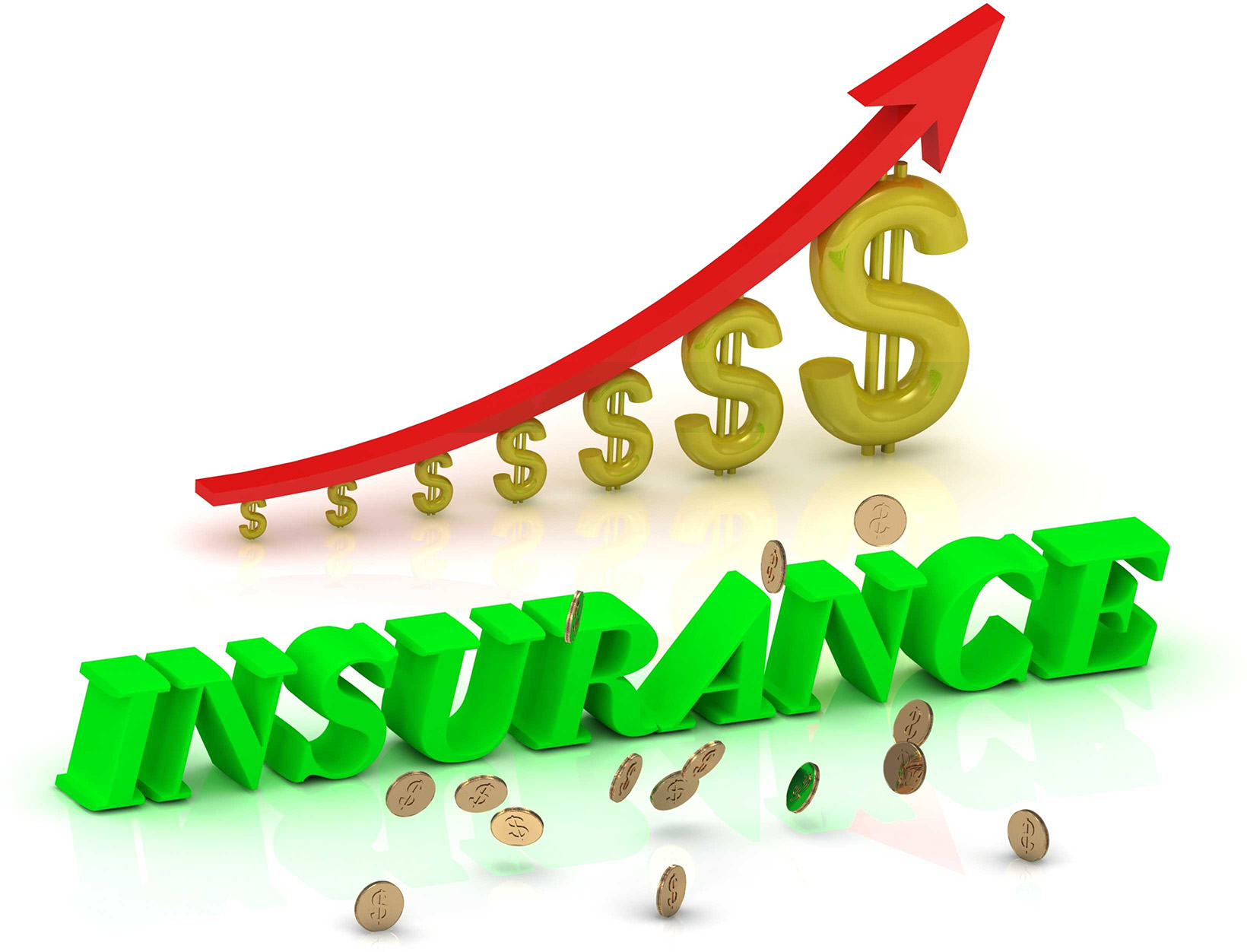 3D illustration of a rising bar graph made of dollar signs and a red arrow ascending over the word INSURANCE