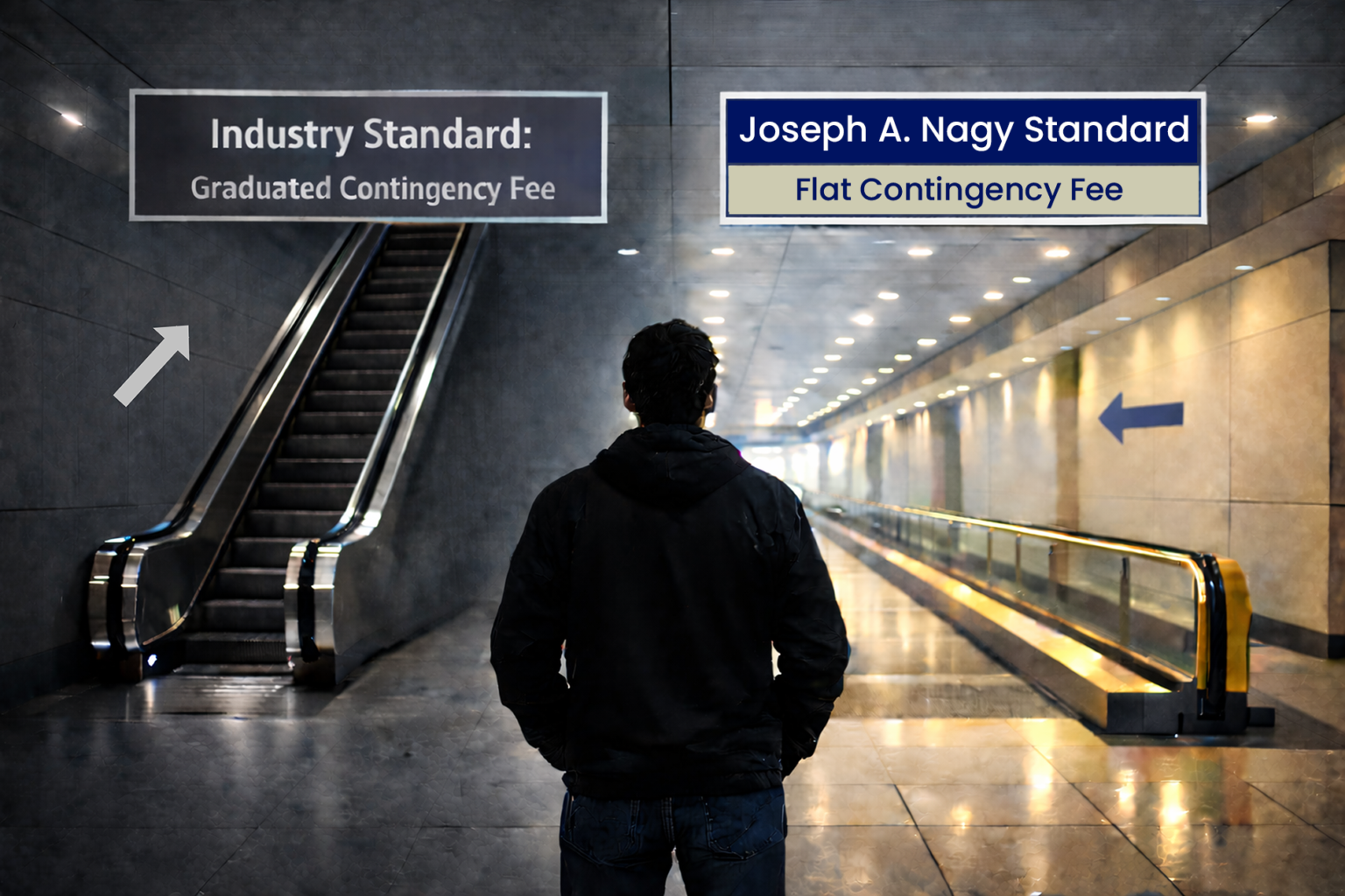 Person choosing between an escalator labeled graduated contingency fee and a flat walkway labeled flat contingency fee